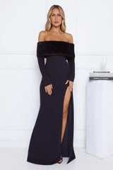 Glow In The Snow Faux Fur Off Shoulder Maxi Dress Navy