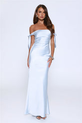 Flirty Intentions Off Shoulder Satin Maxi Dress Blue