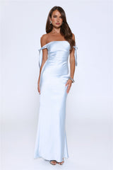 Flirty Intentions Off Shoulder Satin Maxi Dress Blue