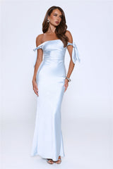 Flirty Intentions Off Shoulder Satin Maxi Dress Blue
