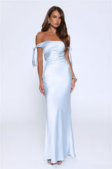Flirty Intentions Off Shoulder Satin Maxi Dress Blue