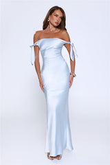 Flirty Intentions Off Shoulder Satin Maxi Dress Blue