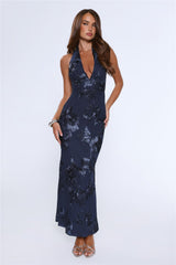 Lime Light Mesh Halter Maxi Dress Navy