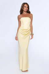 Dressed To Dazzle Strapless Satin Maxi Dress Yellow