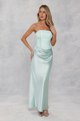Dressed To Dazzle Strapless Satin Maxi Dress Sage
