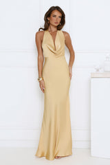 Glitz Gathering Halter Satin Maxi Dress Gold