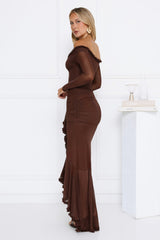Lunar Twinkle Mesh Off Shoulder Maxi Dress Brown