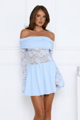 In the Loop Off Shoulder Lace Mini Dress Blue