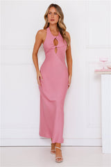 Impeccable Halter Satin Maxi Dress Pink