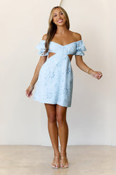 Love That Lasts Off Shoulder Embroidered Mini Dress Blue