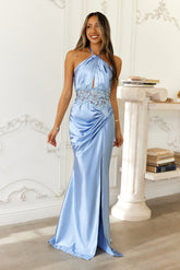 Frosted Glimmer Satin Halter Maxi Dress Blue