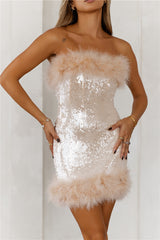 HELLO MOLLY Enchantress Strapless Sequin Feather Mini Dress Beige