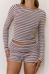 BASE Luxe Rib Fold Over Shorts Brown Stripe