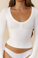 BASE Luxe Rib V Neck Button Long Sleeve Top Ivory