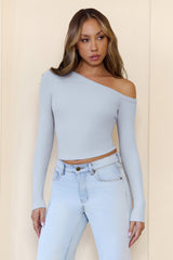 BASE Luxe Rib Off Shoulder Long Sleeve Top Blue