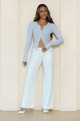 BASE Luxe Rib Button Front Long Sleeve Top Blue