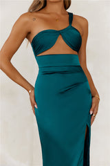 Celebrations Under Stars Satin One Shoulder Maxi Dress Forest Green
