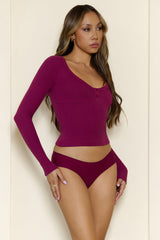 BASE Luxe Rib V Neck Button Long Sleeve Top Berry