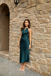 HELLO MOLLY Coastal Charm Satin Midi Dress Forest Green
