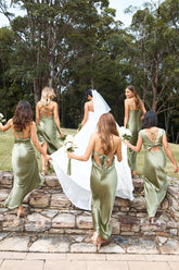 HELLO MOLLY The Felicity Strapless Satin Maxi Dress Olive