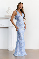 Enchanted Sequin V-Neck Back Tie Maxi Dress Blue