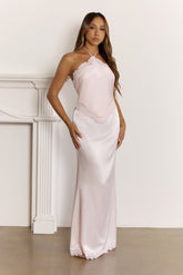 Delicate Lace Detail Halter Maxi Dress Pink