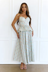 Lush Life Peplum Strapless Maxi Dress Blue