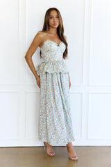 Lush Life Peplum Strapless Maxi Dress Blue