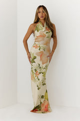 Dreamy Floral Cowl Neck Halter Maxi Dress Cream