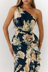 Floral One Shoulder Cutout Maxi Dress Navy