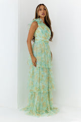 Bloom And Flow One Shoulder Tiered Maxi Dress Green