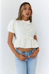 Chic Bow Detail Puff Sleeve Peplum Top Cream