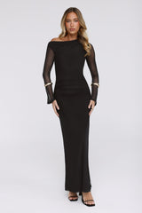 Effortlessly Influential Off Shoulder Mesh Long Sleeve Maxi Dress Black