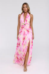 Darlingly Done Halter Mesh Maxi Dress Pink