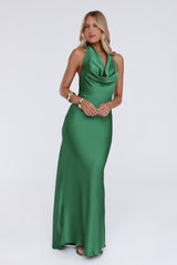 Cherry Whirl Satin Halter Maxi Dress Emerald