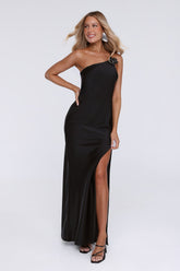 Honeytusk Satin One Shoulder Maxi Dress Black