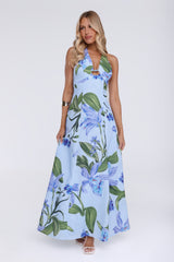 Fleur Flicker Halter Maxi Dress Blue