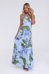 Fleur Flicker Halter Maxi Dress Blue