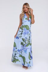 Fleur Flicker Halter Maxi Dress Blue