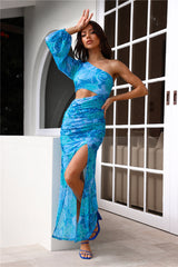Island Wedding One Shoulder Maxi Dress Blue