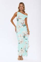 Ocean Bloom One Shoulder Mesh Maxi Dress Mint