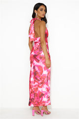 Ink Paint Halter Satin Maxi Dress Pink