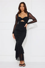 Awaken Desires Mesh Long Sleeve Midi Dress Black