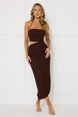 Midnight Enchantment Halter Mesh Midi Dress Brown