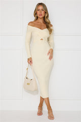 Icy Chill Off Shoulder Ribbed Midi Dress Cream