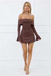 Explain Everything Off Shoulder Mini Dress Brown