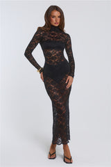 Intricate Charm Sheer Lace Long Sleeve Maxi Dress Black