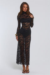 Intricate Charm Sheer Lace Long Sleeve Maxi Dress Black