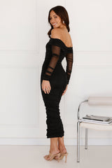 Get Together Off Shoulder Mesh Long Sleeve Midi Dress Black