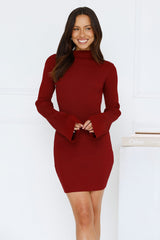 Isla Ribbed Long Sleeve Mini Dress Burgundy